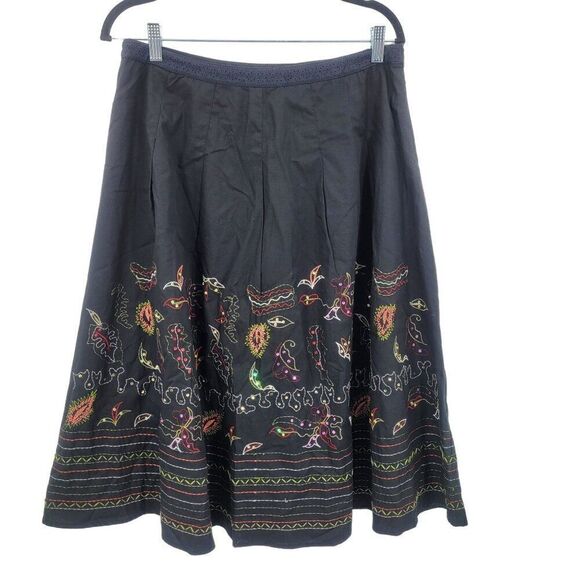 Vintage 90s Midi Skirt 12 Black Floral Embroidered Cotton A-line Full Boho - Picture 1 of 10